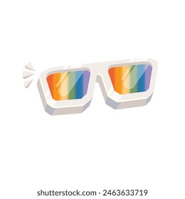 pride month sunglasses retro groovy hippie style with pride rainbow lens and white frame isolated on transparent background. Retro vintage Pride month, LGBT and LGBTQ sunglasses icon, sticker, poster