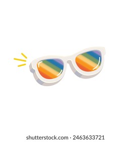 pride month sunglasses retro groovy hippie style with pride rainbow lens and white frame isolated on transparent background. Retro vintage Pride month, LGBT and LGBTQ sunglasses icon, sticker, poster