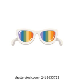 pride month sunglasses retro groovy hippie style with pride rainbow lens and white frame isolated on transparent background. Retro vintage Pride month, LGBT and LGBTQ sunglasses icon, sticker, poster