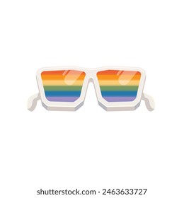 pride month sunglasses retro groovy hippie style with pride rainbow lens and white frame isolated on transparent background. Retro vintage Pride month, LGBT and LGBTQ sunglasses icon, sticker, poster