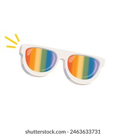 pride month sunglasses retro groovy hippie style with pride rainbow lens and white frame isolated on transparent background. Retro vintage Pride month, LGBT and LGBTQ sunglasses icon, sticker, poster