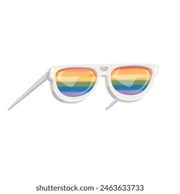 pride month sunglasses retro groovy hippie style with pride rainbow lens and white frame isolated on transparent background. Retro vintage Pride month, LGBT and LGBTQ sunglasses icon, sticker, poster