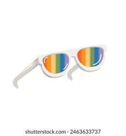 pride month sunglasses retro groovy hippie style with pride rainbow lens and white frame isolated on transparent background. Retro vintage Pride month, LGBT and LGBTQ sunglasses icon, sticker, poster