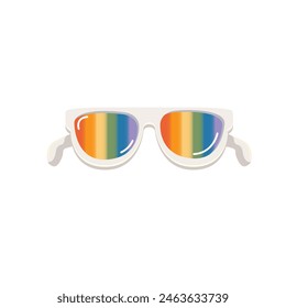 pride month sunglasses retro groovy hippie style with pride rainbow lens and white frame isolated on transparent background. Retro vintage Pride month, LGBT and LGBTQ sunglasses icon, sticker, poster