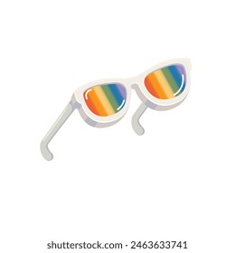 pride month sunglasses retro groovy hippie style with pride rainbow lens and white frame isolated on transparent background. Retro vintage Pride month, LGBT and LGBTQ sunglasses icon, sticker, poster