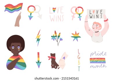 Pride month symbols sticker set. Cute elements in rainbow colors. Vector collection of LGBTQ signs and lettering. Hand drawn flat illustrations for Pride Month decorations