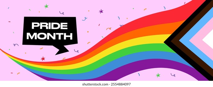 Pride Month template with a rainbow flag, with Colorful Text on a pink background with confetti. Celebrating love, diversity, and unity for festival parades, parties, and social events. Vector