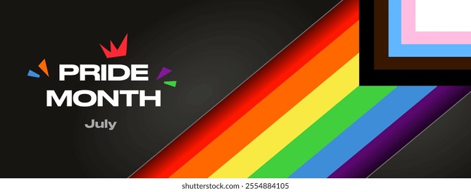 Pride Month template with a rainbow flag, with Colorful Text background. Celebrating love, diversity, and unity for festival parades, parties, and social events. Vector illustration.