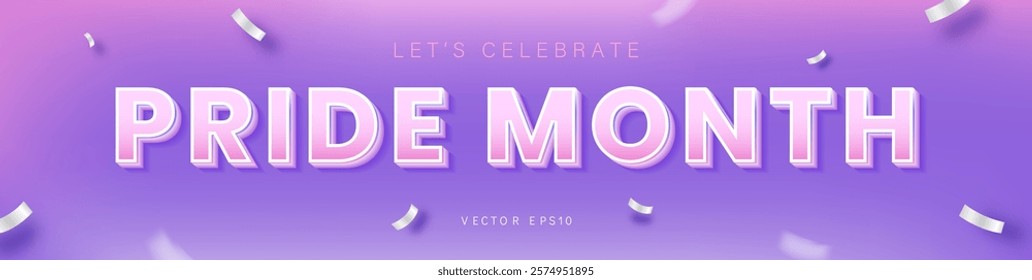 Pride month text on purple banner background party confetti, vector design 