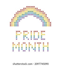 Pride Month Text And Rainbow In Cross Stitch Style.