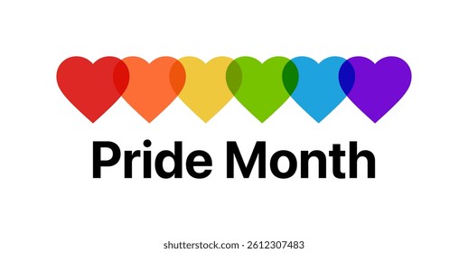 Pride Month text with rainbow hearts. Pride month vector illustration design. LGBTQ pride month illustration with rainbow colours for t-shirt design, poster, web banner, clip art, social media post.