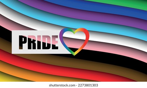 Pride Month Text. Wave rainbow LGBT spectrum flag background. Paper cut design. Waves of rainbow colors web banner template. Pride Month vector 3D illustration