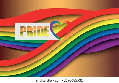 Pride Month Text. Wave rainbow LGBT spectrum flag background. Paper cut design. Waves of rainbow colors web banner template. Pride Month vector 3D illustration