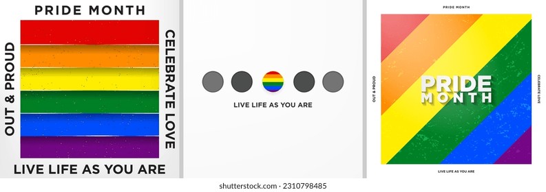 Juego de afiches temáticos del Mes del Orgullo. Vive la vida como eres. Afiches de la bandera arcoiris del mes del orgullo. Ilustración vectorial. EPS 10