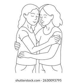 Pride month, pride. Two girls hugging. Simple black line illustration. Vector