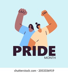 Pride month. Two Women who raised their fists up. Feminine power. Flat illustration.