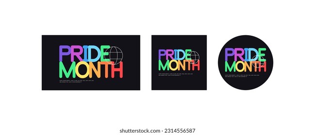 Mes del orgullo. Tipografía, banderas con letras de color arcoiris. Gráficos planos modernos. Archivo vector.