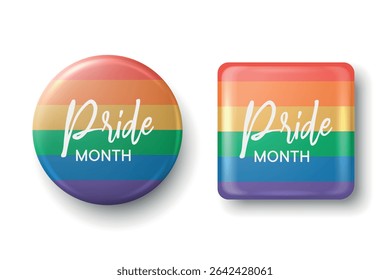 Pride Month Vector Badge Set with Rainbow Flag. Round and Square LGBTQ Button Design for Equality Symbol, Pride Event, Gay Rights Support, Diversity Pin, Parade Graphic, LGBT Celebration