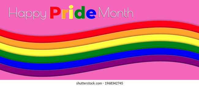 Concepto de tarjeta de ilustración vectorial de mes de orgullo con texto. Espectro arcoiris en símbolo de la bandera del orgullo LGBT. Cartel.