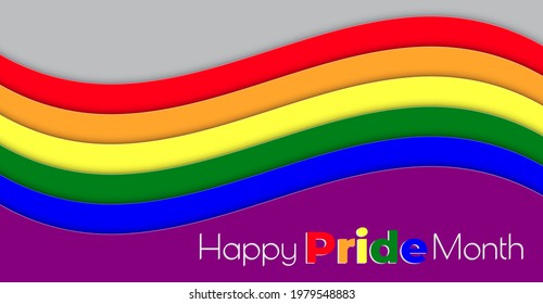 Concepto de tarjeta de ilustración vectorial de mes de orgullo con texto. Espectro arcoiris en símbolo de la bandera del orgullo LGBT. Cartel.