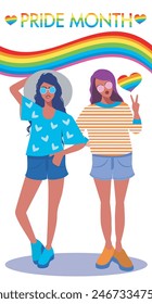 ILUSTRACIÓN VECTORIAL del mes del Orgullo Gay con gente feliz, niñas y el arco iris apoyando los derechos y movimientos LGBT. Anuncio para desfiles festivos, fiestas y eventos sociales