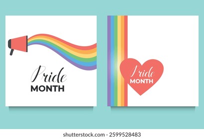 Pride Month Vector Illustration. Rainbow Heart and Megaphone with LGBT Flag. Post for social networks, and a postcard. Editable image. Vector illustration