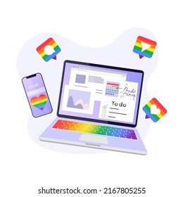 Pride Month vector illustration with smartphone, laptop and social media icons in rainbow colors LGBT colors on abstract background