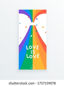 Pride Month vector social media story template with the rainbow as a symbol of LGBT community and confetti. Recognising the influence LGBT people have around the world. Equality and diversity.