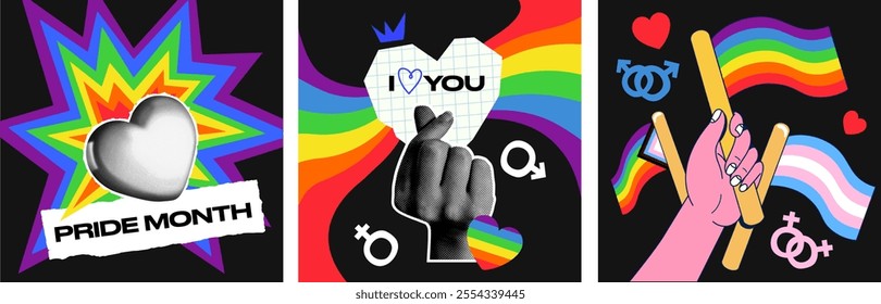 Pride Month vector templates for posts. Halftone hearts, rainbow colors, gender symbols, and hands holding flags. Bright illustrations and symbols celebrate equality for the LGBTQ community. Collage