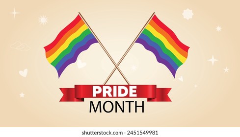 Pride month waving cross flag on red ribbon vector poster