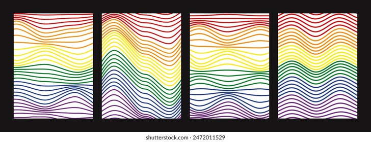 Pride month wavy lines backgrounds. Lgbt flag. Celebrate lgbt pride month. Equality.  Psychedelic illusion, swirls, waves. Hypnotic surreal covers, posters, cards, flyers. Vector illustration.