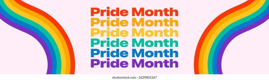 Pride Month Web Banner with Rainbow Text. Colourful Rainbow Pride Month Text for LGBTQ Pride Month with Pink Background and Rainbow Pride Flag Ribbon Decorations. Stock Vector Illustration.