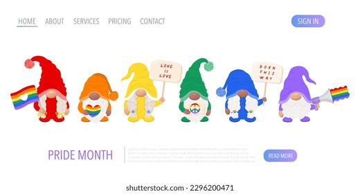Pride month web page. Rainbow LGBT multinational gnomes holding a sign, flag and megaphone.