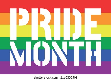 Pride Month white text on the rainbow flag for web banners, social media posts and websites. Lgbt concept.