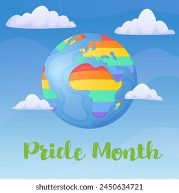 Pride moths poster with cartoon rainbow color earth in a cloud. LGBTQ community banner.