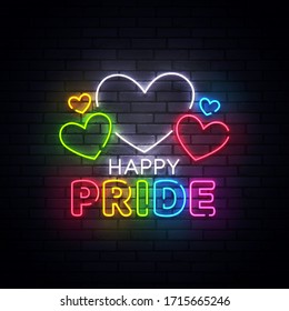 Pride Neon Sign, Bright Signboard, Light Banner. Happy Pride Day Logo Neon, Emblem And Label. Vector Illustration