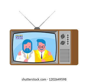 Pride news old television. LGBT TV. Two Guys broadcasting journalist. Gay Anchorman in tv studio. Live broadcasting. 
