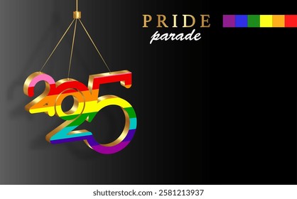 Pride parade 2025 banner design for celebration of LGBTQ+ rights and parades with rainbow colors. Hand drawn colorful lgbt template copy space. Vector isolated on black background