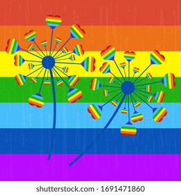 Pride parade, artistic, textured. Vector illustration of a dandelion with hearts of rainbow colors on a rainbow background.