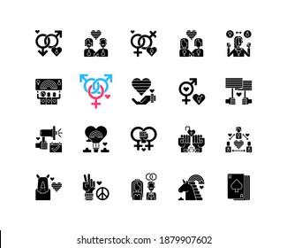 Pride parade black glyph icons set on white space. LGBTQ community symbols. Love and freedom signs. Rainbow flag. Silhouette symbols. Vector isolated illustration