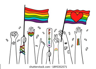 Pride parade concept. LGBTQ community. Vector doodle illustration with human hands holds flag, heart, banner. 