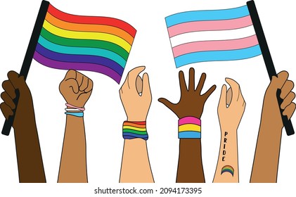Pride parade concept. LGBTQ community. Vector doodle illustration with human hands holds flag, heart, banner