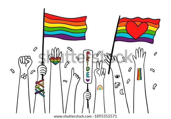 Pride Parade Concept Lgbtq Community Vector Doodle Illustration With Human Hands Holds Flag