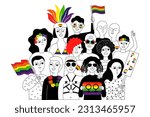 Pride parade. A group of people participating in a Pride parade. LGBT community. LGBTQ. Doodle vector illustration.