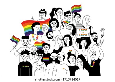 Pride Parade. A Group Of People Participating In A Pride Parade. LGBT Community. LGBTQ. Doodle Vector Illustration 