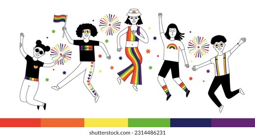 Pride Parade. Happy people dressed in the colors of the rainbow jump and have fun as they take part in the Pride Parade. LGBTQ community. Vector doodle illustration. 