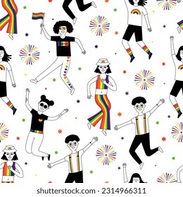 Pride Parade. Happy people dressed in the colors of the rainbow jump and have fun as they take part in the Pride Parade. LGBTQ community. Vector seamless pattern. 