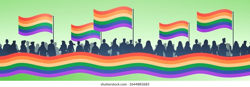 Pride parade LGBTQ community celebration rainbow flags diverse crowd silhouettes festive outdoor event green background website banner