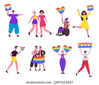 Desfile del Orgullo. Movimiento comunitario Lgbtq con la gente. Vector de igualdad comunitaria, flag rainbow y el movimiento homosexual bisexual lgbt, ilustración del desfile del orgullo por la diversidad