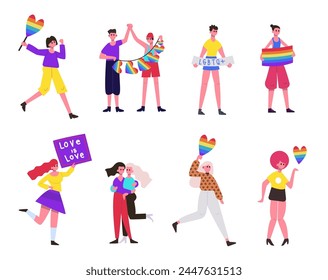 Pride parade. Lgbtq community movement. Love parade illustration set of love pride rainbow, freedom parade homosexual, equality movement vector